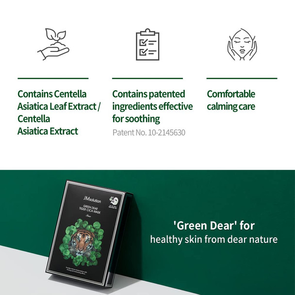 JMsolution Green Dear Tiger Cica Mask Pure - Contains Centella Asiatica - Korean Skincare Facial Mask - 10 sheets for a sensitive skin