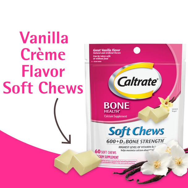 Caltrate Soft Chews 600 Plus D3 Calcium Vitamin D Supplement, Vanilla Creme - 60 Count