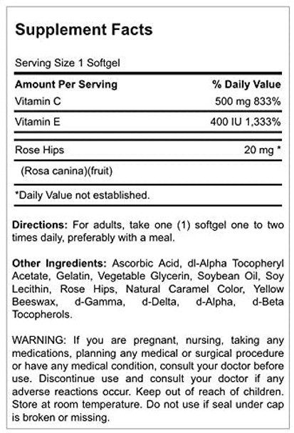 Puritan"s Pride Vitmain C 500 mg & E 180 mg with Rose Hips for Immune & Antioxidant Support by Puritan's Pride for Healthy Skin and Immune System Support 100 Softgels