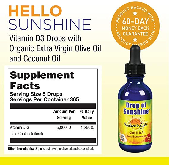 Nature's Life Drop of Sunshine Vitamin D-3 Drops in Organic Extra Virgin Olive Oil & Coconut Oil 5000IU | Supports Strong Bones & Immune System | 2 oz