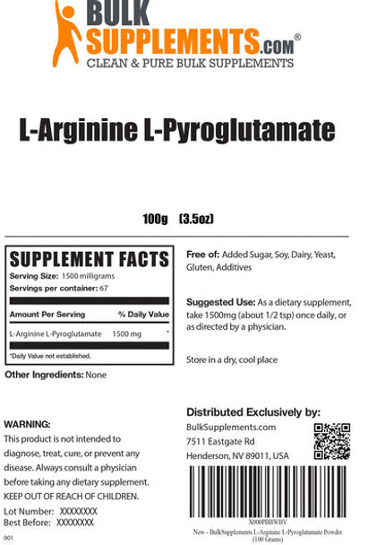 BulkSupplements.com L-Arginine L-Pyroglutamate Powder - Nitric Oxide Supplement - Pure Pump - L Arginine Supplement - Nitric Acid (250 Grams)