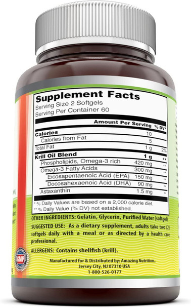 Amazing Omega Krill Oil With Omega 3S Epa, Dha Phospholipids And Astaxanthin 1000Mg Per Serving 120 Softgels (Non-Gmo,Gluten Free) - Supports Heart, Joint & Brain Health