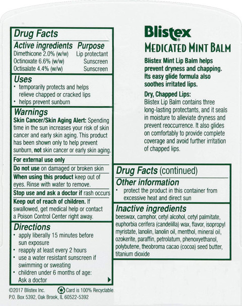 Blistex Medicated Mint Lip Balm, 0.15 Ounce, Pack of 24  Prevent Dryness & Chapping, SPF 15 Sun Protection, Seals in Moisture, Hydrating Lip Balm, Easy Glide Formula for Full Coverage