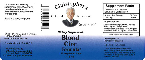 Dr. Christopher's Original Formulas Blood Circulation Formula Capsules, 475mg, 100 Count