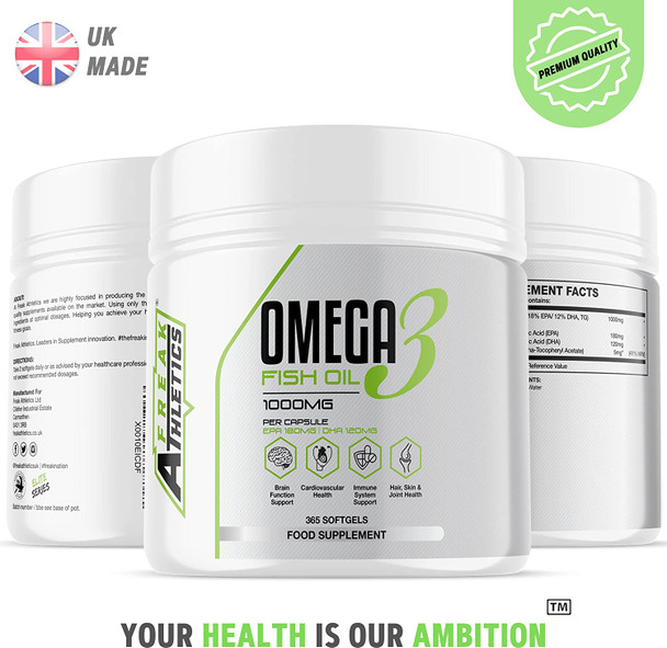 Omega 3 Fish Oil 1000mg Double Strength EPA & DHA Softgel Capsules - 180 Capsules Suitable for Both Men & Women - Made in The UK