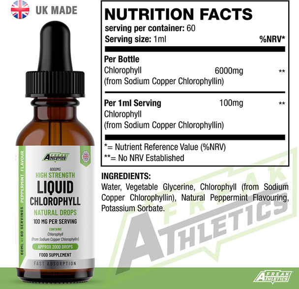 Liquid Chlorophyll Drops for Water - 60ml for 60 Servings - 2 Month Supply of High Strength 100mg Chlorophyll Liquid Drink - Made in UK