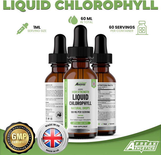 Liquid Chlorophyll Drops for Water - 60ml for 60 Servings - 2 Month Supply of High Strength 100mg Chlorophyll Liquid Drink - Made in UK