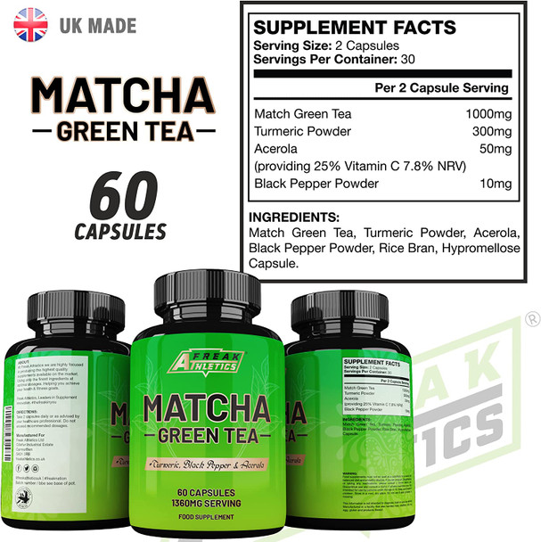 Matcha Green Tea 60 Capsules - Matcha Green Tea Tablets - Boosted with Turmeric, Acerola Cherry & Black Pepper