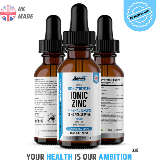 Ionic Zinc Liquid Drops - 60ml Glass Bottle - 120 Servings - High Strength 15mg - Boosts Metabolism & Supports Healthy Immune System