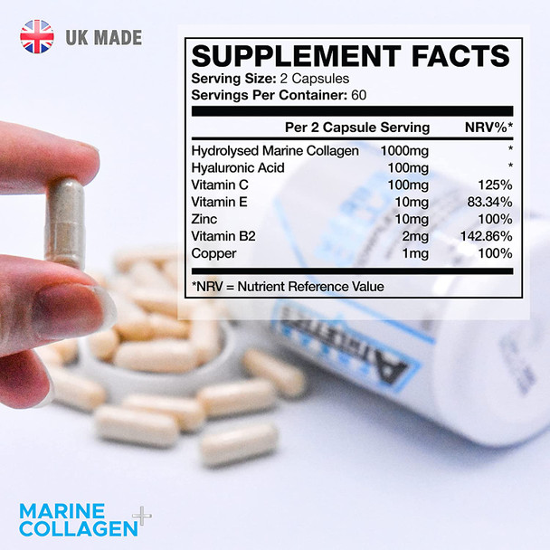 Marine Collagen 1000mg - Type 1 Hydrolysed Collagen - Enhanced with Hyaluronic Acid, Vitamin C, Vitamin E, Vitamin B2, Zinc and Copper