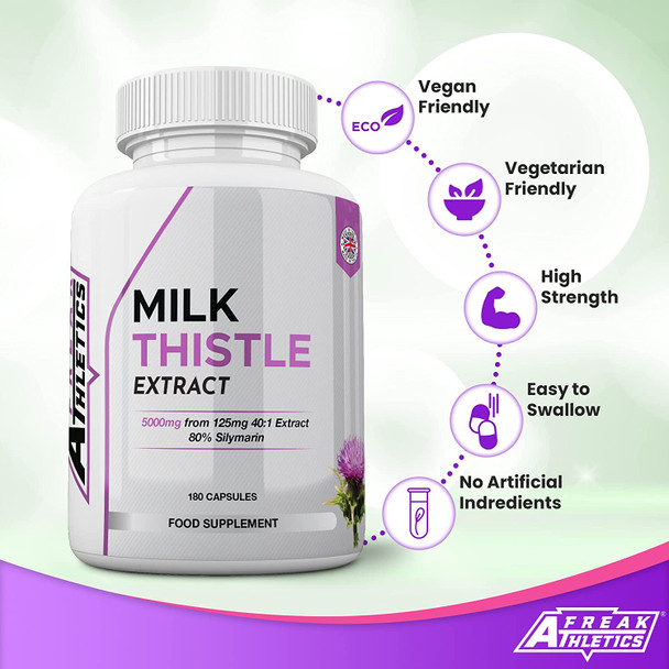 Milk Thistle 180 Capsules - 5000mg 80% Silymarin High Strength - 6 Months Supply One A Day Milk Thistle Supplements - Vegan Made in The UK Milk Thistle 180 Capsules - 5000mg 80% Silymarin High Strength - 6 Months Supply One A Day Milk Thistle Supplements - Vegan Made in The UK