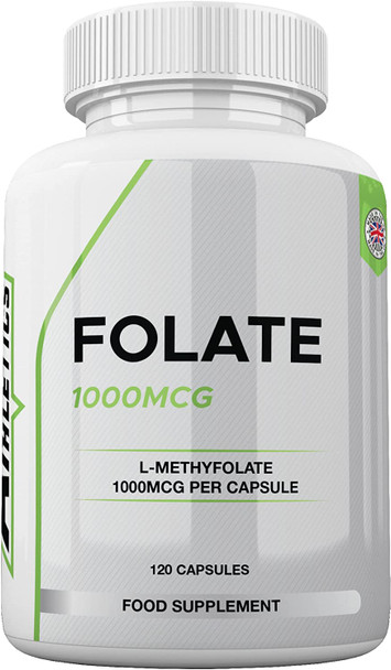 Folate 1000mcg (L-Methylfolate) 120 Capsules, 5-MTHF Active Form of Folic Acid/Vitamin B9