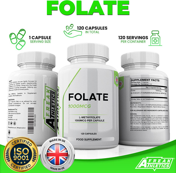 Folate 1000mcg (L-Methylfolate) 120 Capsules, 5-MTHF Active Form of Folic Acid/Vitamin B9