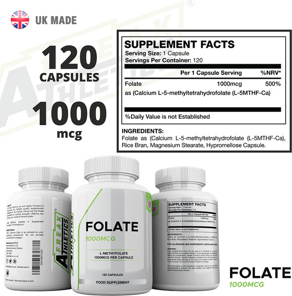 Folate 1000mcg (L-Methylfolate) 120 Capsules, 5-MTHF Active Form of Folic Acid/Vitamin B9