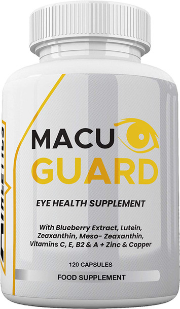 MacuGuard+ Eye Supplement - 120 Capsules - Zeaxanthin, Meso Zeaxanthin, Lutein, Blueberry Extract Plus Vitamins and Minerals - Premium UK Made