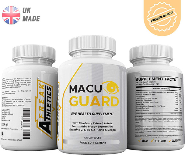 MacuGuard+ Eye Supplement - 120 Capsules - Zeaxanthin, Meso Zeaxanthin, Lutein, Blueberry Extract Plus Vitamins and Minerals - Premium UK Made