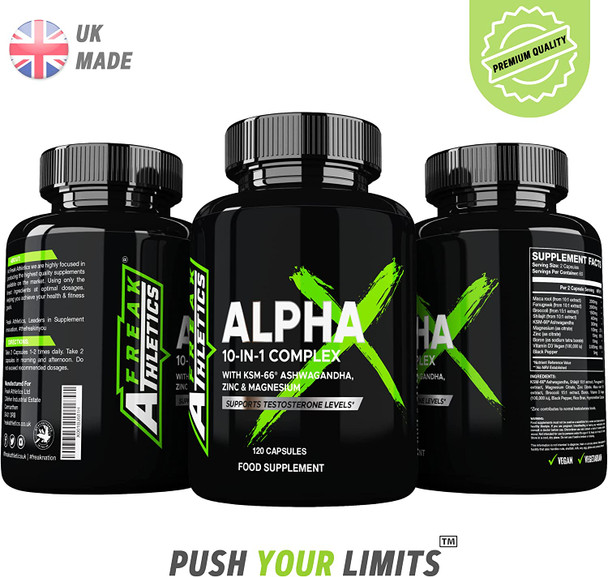 Alpha X Booster for Men - Supplements for Men 180 Capsules - 10 Powerful Active Ingredients & Vitamins Including KSM-66 Ashwagandha, Zinc, Maca Root Extract, Fenugreek - Made in The UK