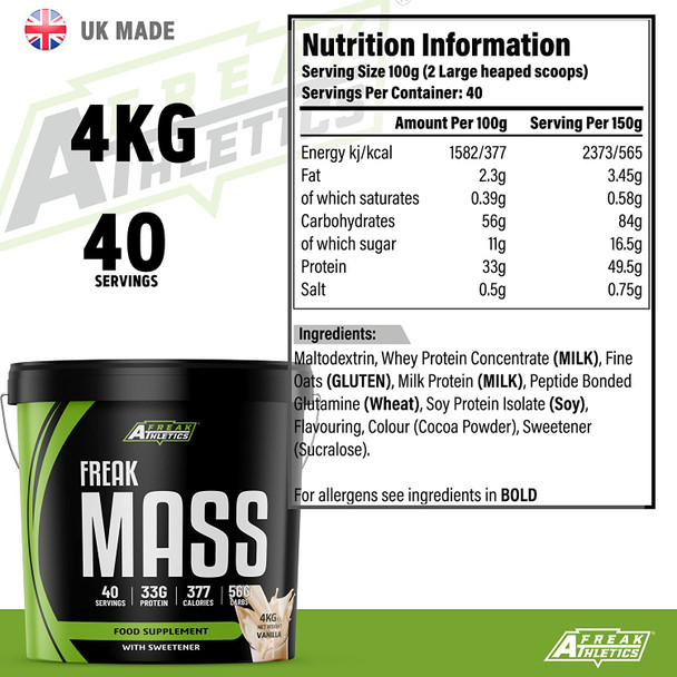 Freak Mass Gainer Protein Powder 4kg Weight Gainer & Mass Gainer by Freak Athletics (Vanilla, 4kg)