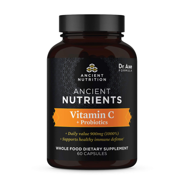 Vitamin C + Probiotics, 900mg, Ancient Nutrients Vitamin C Highly Absorbable Whole Food Dietary Supplement, Formulated by Dr. Josh Axe, Immune System Support, Made Without GMOs, 60 Capsules