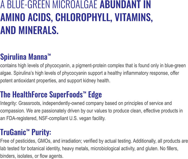 HealthForce SuperFoods Spirulina Manna - 150 VeganCaps - Certified Spirulina, Superfood - Plant-Based Protein - Rich Source of Vitamin A - Non-GMO, Gluten Free - 30 Servings