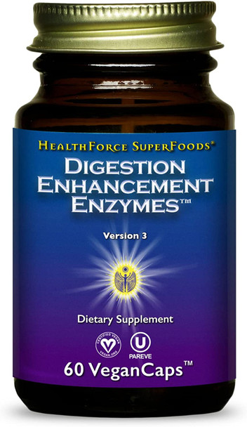 HealthForce SuperFoods Digestion Enhancement Enzymes - 60 VeganCaps - All-Natural, Plant-Sourced Enzyme Supplement - Promotes Healthy Gut - Gluten Free - 15 Servings