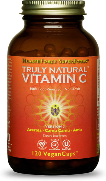 HealthForce SuperFoods Truly Natural Vitamin C - 120 VeganCaps - Whole Food Vitamin C Complex from Acerola Cherry Powder - Immune Support - Vegan, Gluten Free - 15 Servings