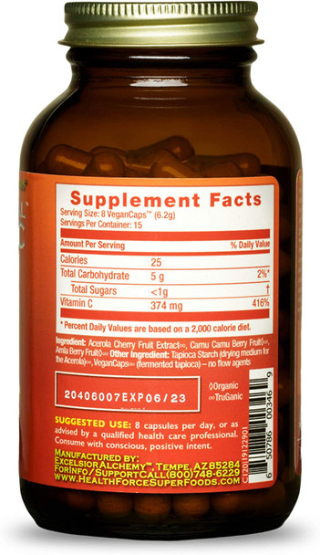 HealthForce SuperFoods Truly Natural Vitamin C - 120 VeganCaps - Whole Food Vitamin C Complex from Acerola Cherry Powder - Immune Support - Vegan, Gluten Free - 15 Servings