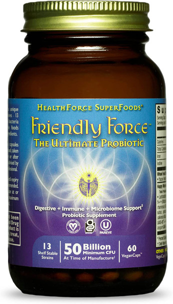 HealthForce SuperFoods Friendly Force - 60 VeganCaps - Probiotic + Whole Foods Supplement - Digestive, Immune & Microbiome Support - Vegan, Gluten Free, Kosher - 30 Servings