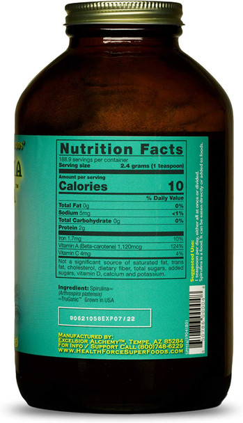 HealthForce SuperFoods Spirulina Manna, All-Natural Nutrient-Rich Superfood, Vitamins, Minerals, Amino Acids, Organic, Vegan, Gluten-Free, Non-GMO, 16 Ounces Powder