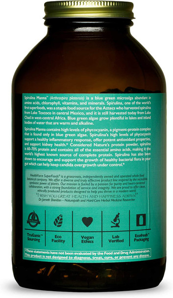 HealthForce SuperFoods Spirulina Manna - 450 VeganCaps - Certified Spirulina, Superfood - Plant-Based Protein, Rich Source of Vitamin A - Non-GMO, Gluten Free - 90 Servings