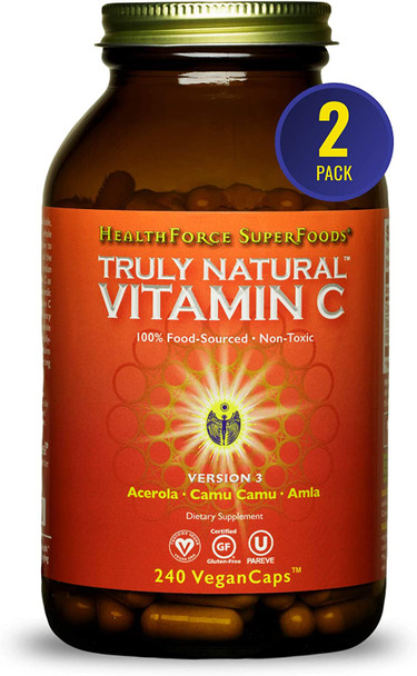 HealthForce SuperFoods Truly Natural Vitamin C - 240 VeganCaps - Pack of 2 - Whole Food Vitamin C Complex from Acerola Cherry Powder - Immune Support - Vegan & Gluten Free - 60 Total Servings