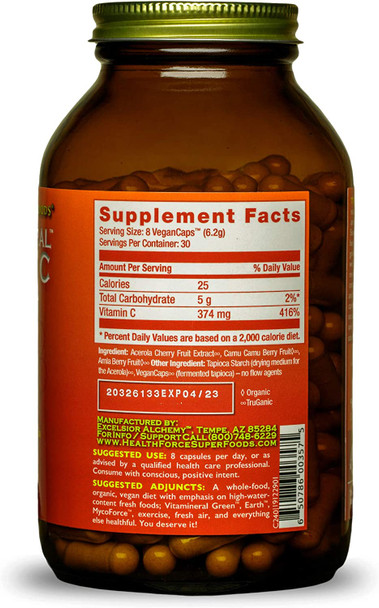 HealthForce SuperFoods Truly Natural Vitamin C - 240 VeganCaps - Pack of 2 - Whole Food Vitamin C Complex from Acerola Cherry Powder - Immune Support - Vegan & Gluten Free - 60 Total Servings