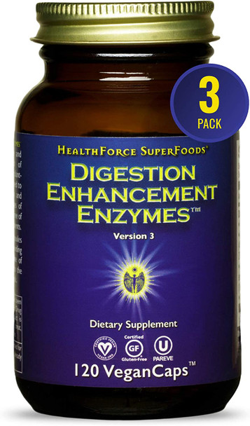 HealthForce SuperFoods Digestion Enhancement Enzymes - 120 VeganCaps - Pack of 3 - All-Natural, Plant-Sourced Enzyme Supplement - Promotes Healthy Gut - Gluten Free - 90 Total Servings