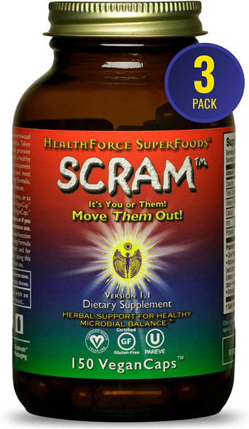 HealthForce SuperFoods Scram - 150 VeganCaps - Pack of 3 - Supports Intestinal Balance with Cloves, Black Walnut, Wormwood - Non-GMO & Gluten Free - 45 Total Servings