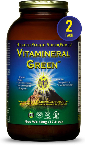 HealthForce SuperFoods Vitamineral Green - 500 Grams - Pack of 2 - All-Natural Green Superfood Complex with Vitamins, Minerals, Amino Acids & Protein - Organic, Vegan, Gluten Free - 100 Total Servings