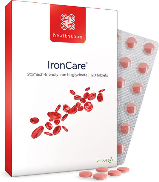 Healthspan IronCare (120 Tablets) | Added Vitamin C & B2, B6 & B12 | Stomach Friendly | Combats Tiredness & Fatigue | Supports Red Blood Cell Formation | Vegan Formula