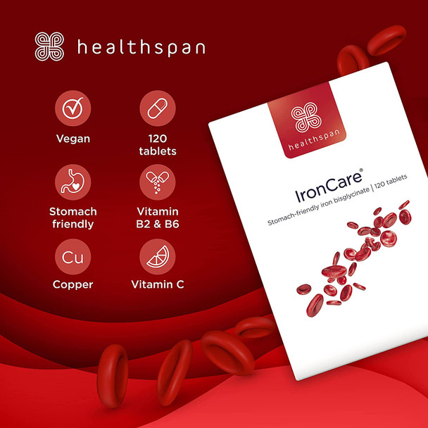 Healthspan IronCare (120 Tablets) | Added Vitamin C & B2, B6 & B12 | Stomach Friendly | Combats Tiredness & Fatigue | Supports Red Blood Cell Formation | Vegan Formula