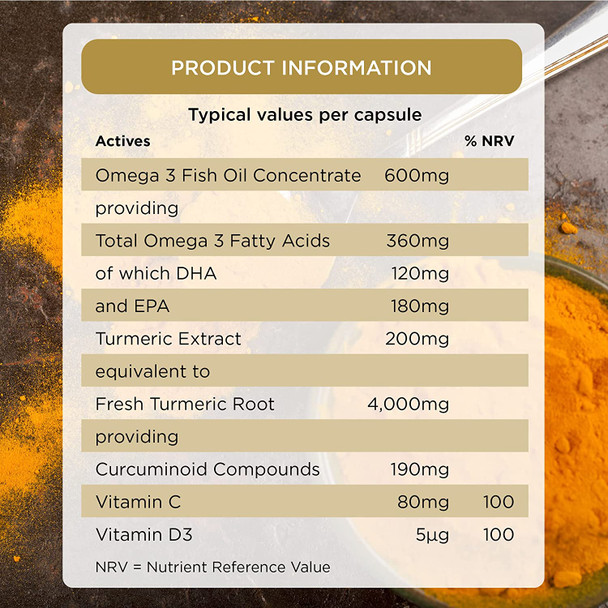 Healthspan Turmeric & Omega 3 | 30 Capsules | Added Vitamin C & Vitamin D3 | Heart, Joint & Bone Health | Sustainably Sourced