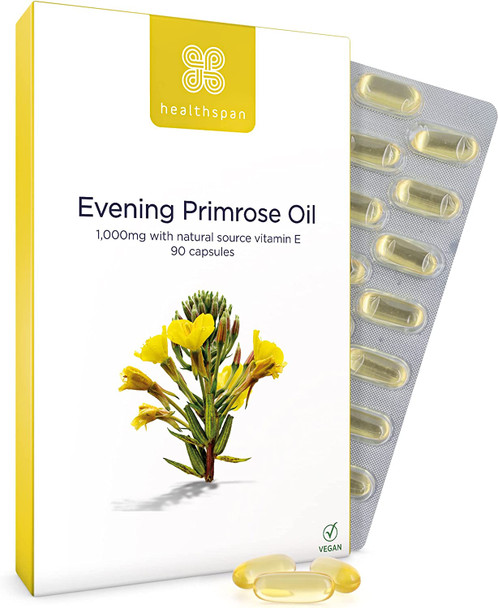 Healthspan Evening Primrose Oil 1,000mg (90 Capsules) | Omega 6 Fatty Acids | Women's Health | Added Vitamin E | Gamma Linolenic Acid & Linoleic Acid | Protects Cells from Oxidative Stress | Vegan