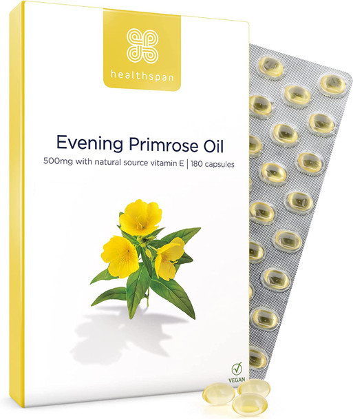 Healthspan Evening Primrose Oil 500mg (180 Capsules) | Omega 6 Fatty Acids | Women's Health | Added Vitamin E | Gamma Linolenic Acid & Linoleic Acid | Protects Cells from Oxidative Stress | Vegan