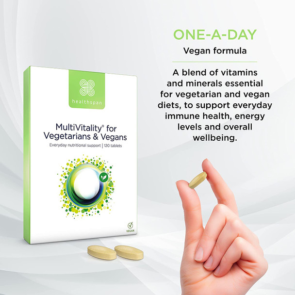 Healthspan Multivitamin for Vegetarians & Vegans (120 Tablets) | Promotes Immune Health and Energy Levels | Supports Bones, Teeth & Muscles | Includes Vitamins B12 & D, Calcium, Iron & Zinc | Vegan