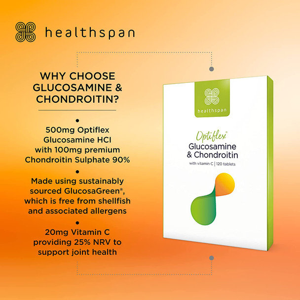 Healthspan Glucosamine & Chondroitin (120 Tablets) | Joint Health | 500mg Optiflex Glucosamine & 100mg Chondroitin Sulphate% | 20mg Vitamin C | 40% More Glucosamine Per Gram | Sustainably Sourced