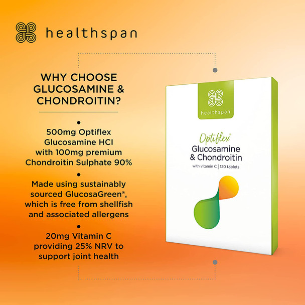 Healthspan Glucosamine & Chondroitin (120 Tablets) | Joint Health | 500mg Optiflex Glucosamine & 100mg Chondroitin Sulphate% | 20mg Vitamin C | 40% More Glucosamine Per Gram | Sustainably Sourced Healthspan Glucosamine & Chondroitin (120 Tablets) | Joint Health | 500mg Optiflex Glucosamine & 100mg Chondroitin Sulphate% | 20mg Vitamin C | 40% More Glucosamine Per Gram | Sustainably Sourced