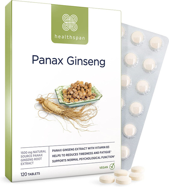 Healthspan Panax Ginseng 1,500mg | 120 Tablets | Vitamin B3 | Natural Ginsenosides | Vegan