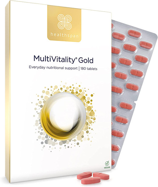 Healthspan Multivitamin Gold (180 Tablets) | A-Z Formulation | Wellbeing & Immune Support | Algal Source Vitamin D3 | Vitamins A, B, C, D, E & K | Calcium, Iron, Magnesium, Selenium & Zinc | Vegan