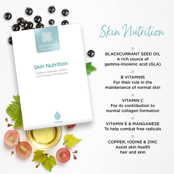 Healthspan Skin Nutrition (45 Days Supply) | Essential Nutritional Support for Healthy, Beautiful Skin Everyday | Added Vitamins & Minerals | Includes Blackcurrant Seed Oil, Grapeseed Oil & Omega 3