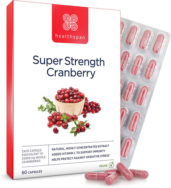 Healthspan Cranberry 25,000mg | 60 Capsules | Immune Health | 40mg Vitamin C | Equivalent to 25,000mg of Whole Fresh Cranberries | Vegan