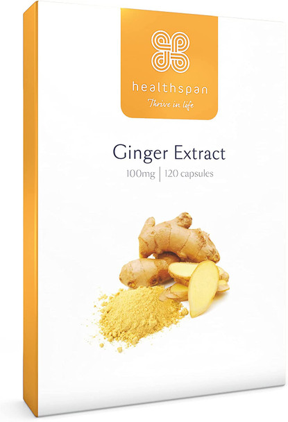 Healthspan Ginger Extract 100mg (4 Months' Supply) | Easy to Swallow Capsules | Support Your Digestive Health | Equivalent to 12,000mg of Whole Ginger Root | Vegan