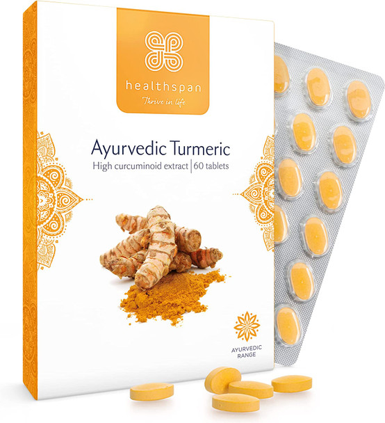 Healthspan Turmeric | Ayurvedic | 60 Tablets | 500mg Turmeric Extract | Added Vitamin C | 95% Curcuminoids | Vegan
