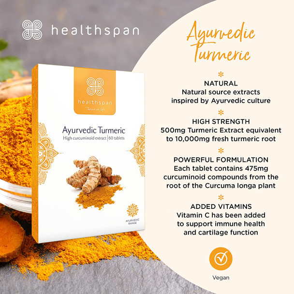 Healthspan Turmeric | Ayurvedic | 60 Tablets | 500mg Turmeric Extract | Added Vitamin C | 95% Curcuminoids | Vegan